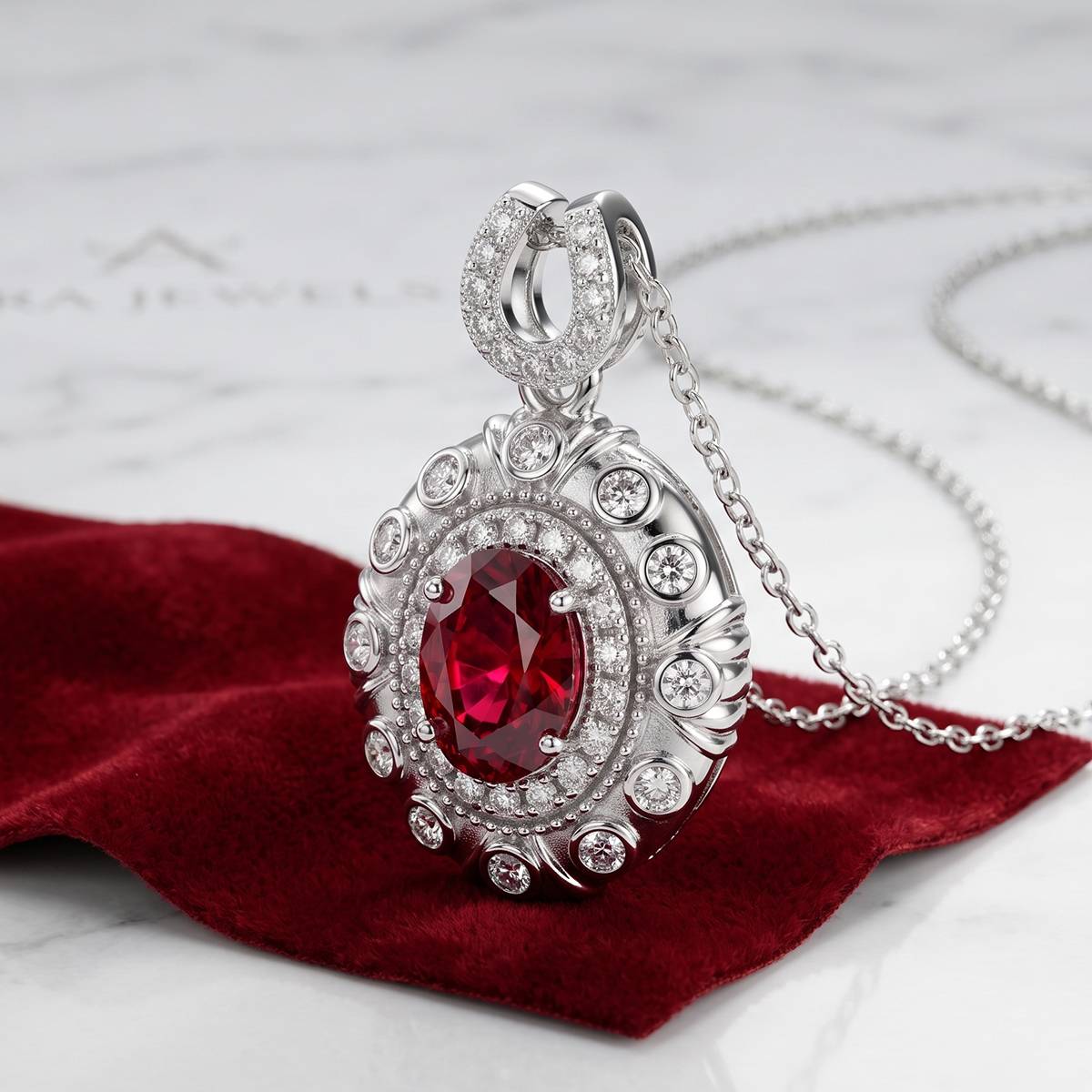 LCB0219银镀18K白金蛋形培育彩宝莫桑钻项链主石7*5mm/1.0ct